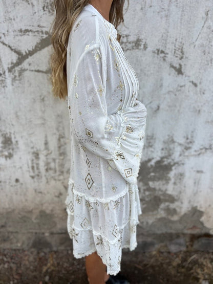 Women's Bohemian Tiered Dress with Wide Sleeves and Gold Accents