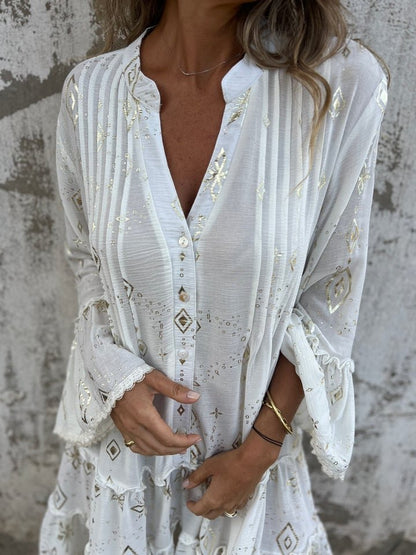 Women's Bohemian Tiered Dress with Wide Sleeves and Gold Accents