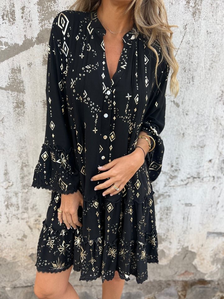 Women's Bohemian Tiered Dress with Wide Sleeves and Gold Accents