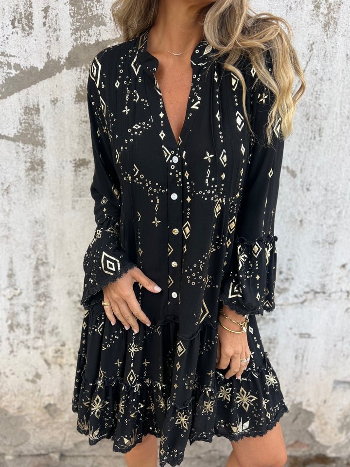 Women's Bohemian Tiered Dress with Wide Sleeves and Gold Accents