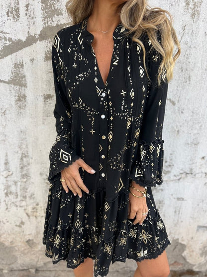 Women's Bohemian Tiered Dress with Wide Sleeves and Gold Accents