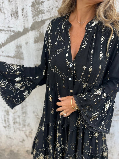 Women's Bohemian Tiered Dress with Wide Sleeves and Gold Accents