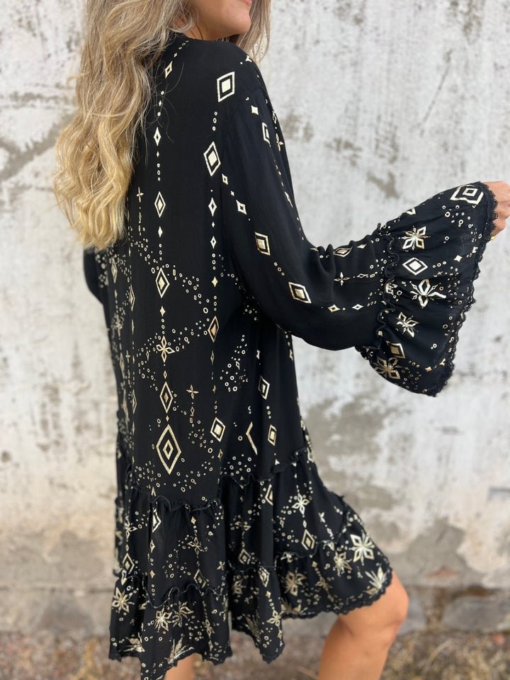 Women's Bohemian Tiered Dress with Wide Sleeves and Gold Accents