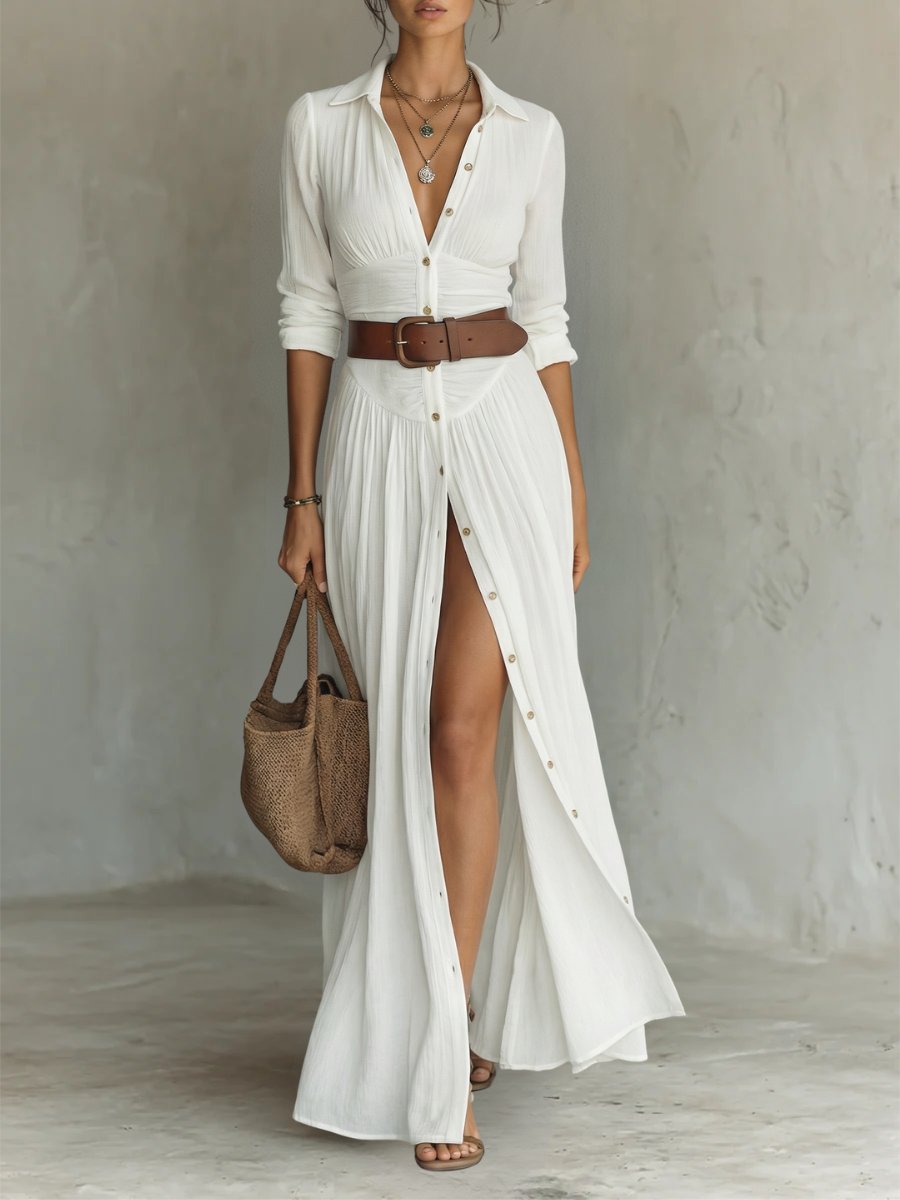 Women's Belted Bohemian Maxi Blouse Dress