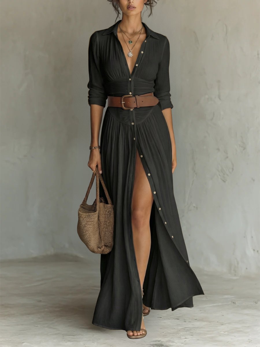 Women's Belted Bohemian Maxi Blouse Dress