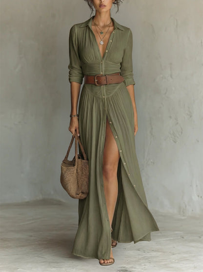 Women's Belted Bohemian Maxi Blouse Dress