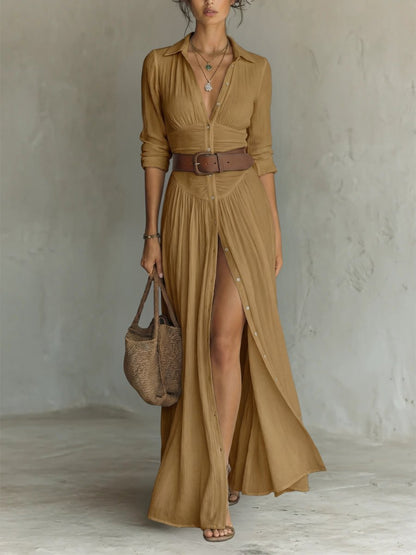Women's Belted Bohemian Maxi Blouse Dress