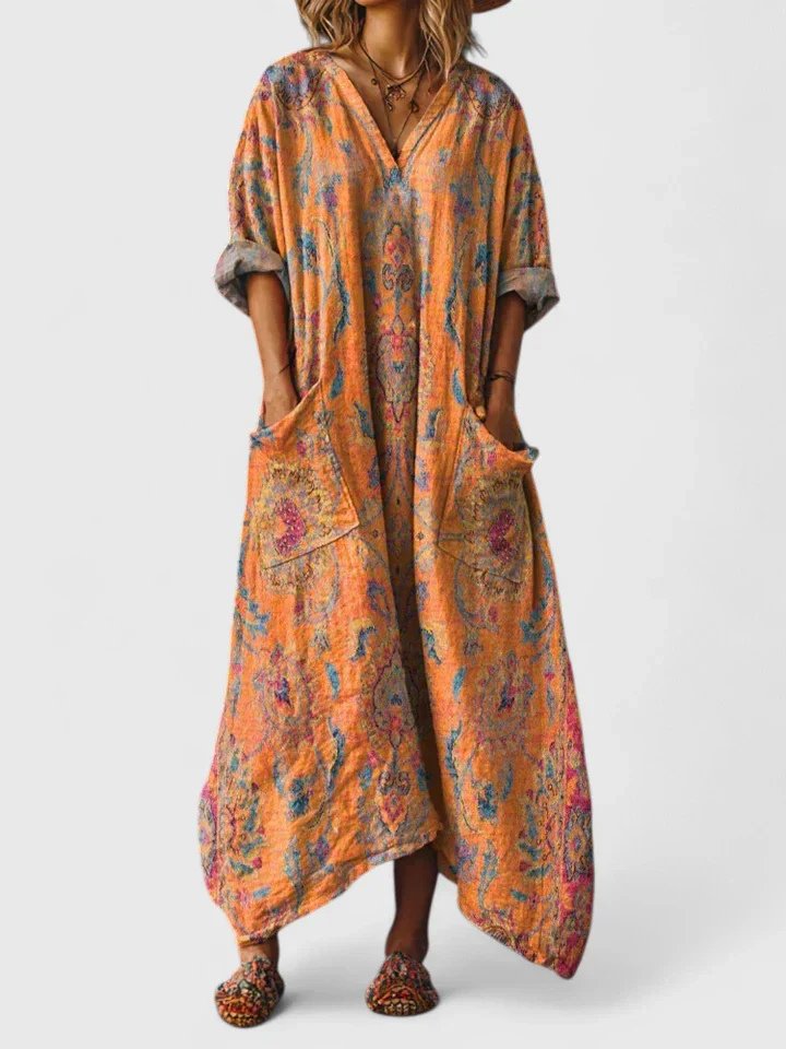 Women's Oversized Cotton Paisley Bohemian Maxi Dress with Pockets