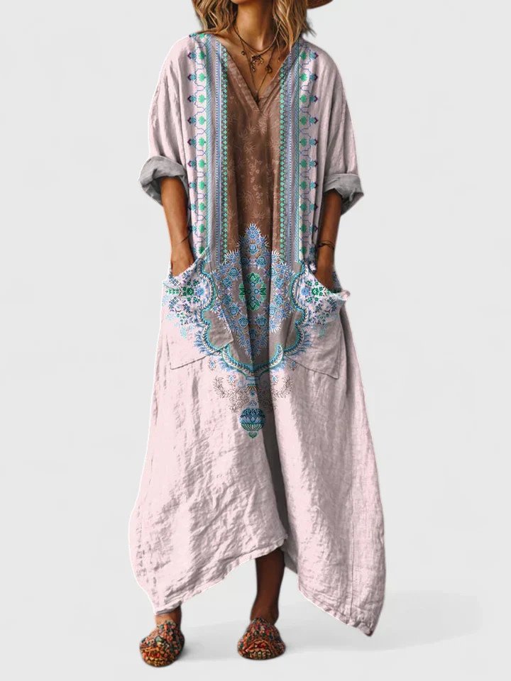 Women's Oversized Cotton Paisley Bohemian Maxi Dress with Pockets