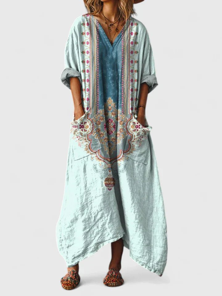 Women's Oversized Cotton Paisley Bohemian Maxi Dress with Pockets