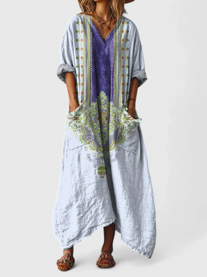 Women's Oversized Cotton Paisley Bohemian Maxi Dress with Pockets