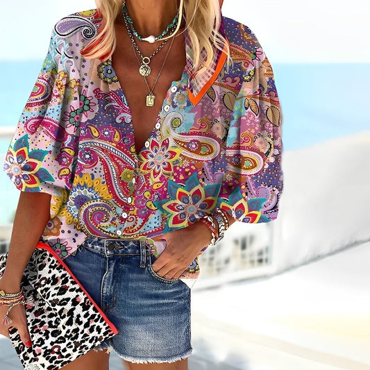 Women's 3/4 Sleeve Paisley Print V-Neck Boho Blouse