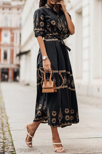 Women's Belted Bohemian Pattern Midi Dress