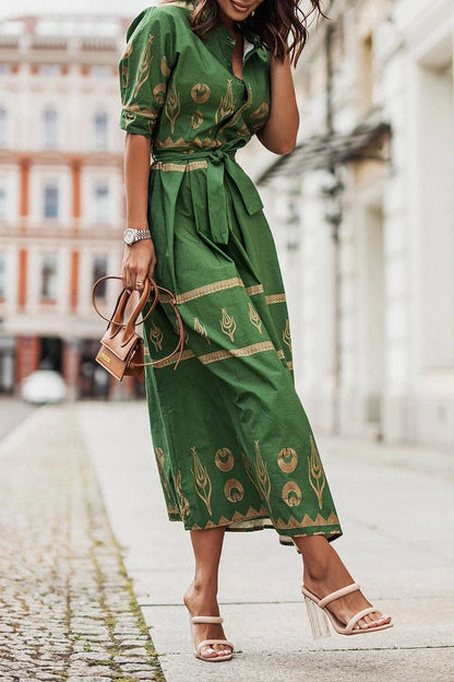 Women's Belted Bohemian Pattern Midi Dress