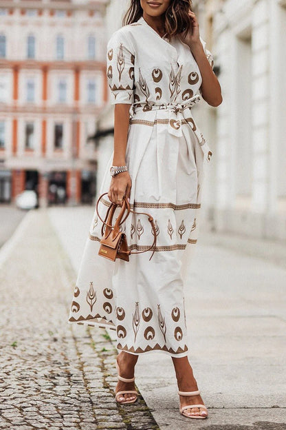 Women's Belted Bohemian Pattern Midi Dress