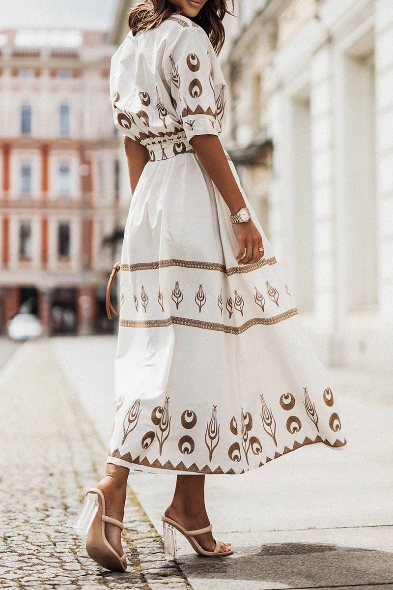 Women's Belted Bohemian Pattern Midi Dress