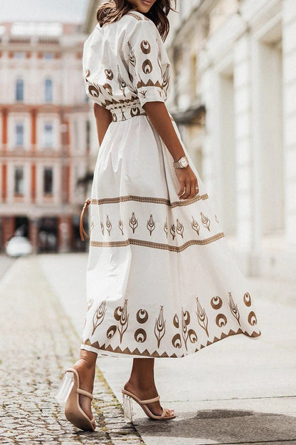 Women's Belted Bohemian Pattern Midi Dress