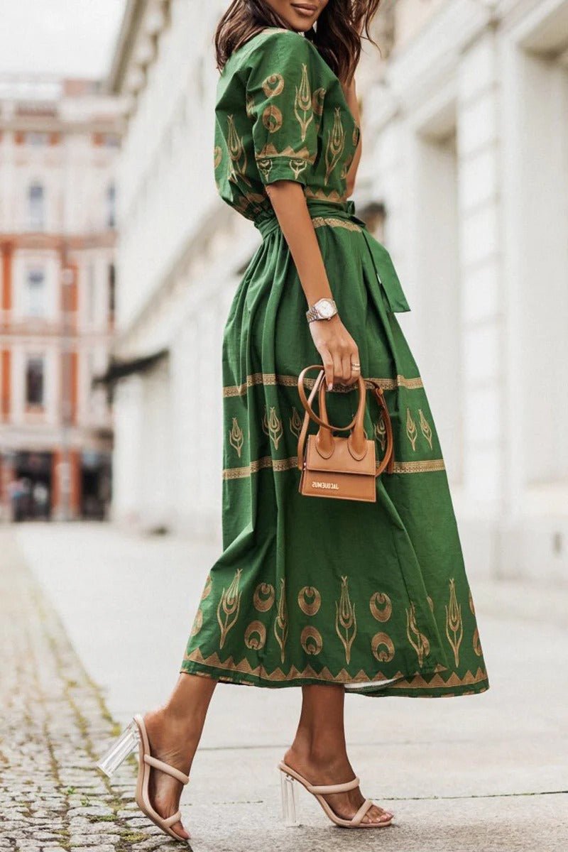 Women's Belted Bohemian Pattern Midi Dress
