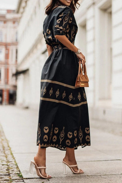 Women's Belted Bohemian Pattern Midi Dress