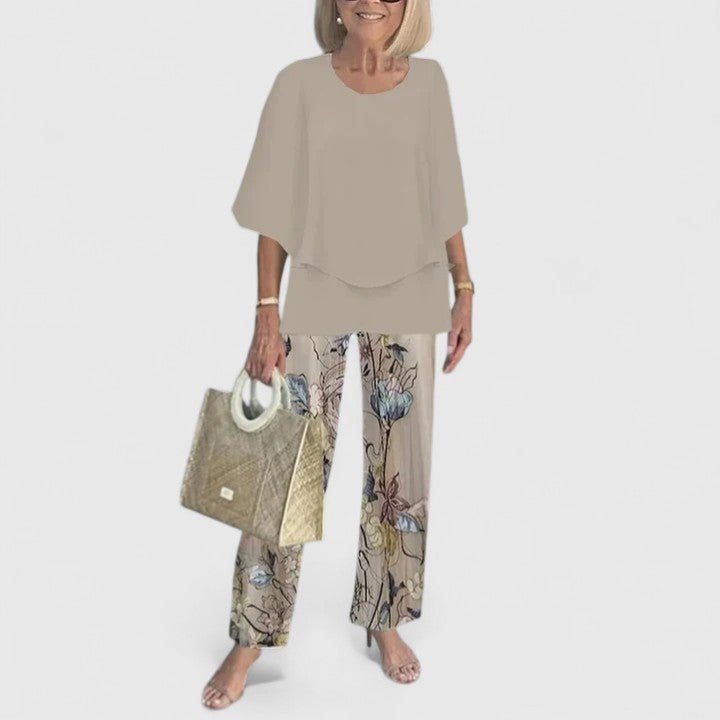 Women's Botanical Print Batwing Blouse and Wide-Leg Pants Set