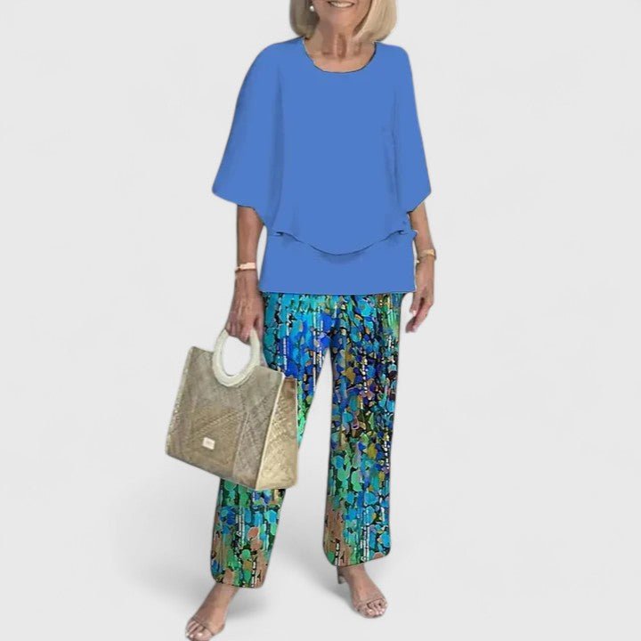 Women's Botanical Print Batwing Blouse and Wide-Leg Pants Set
