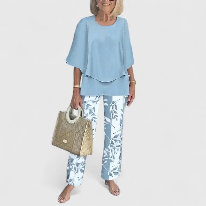 Women's Botanical Print Batwing Blouse and Wide-Leg Pants Set