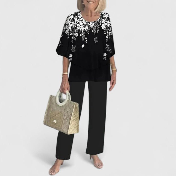 Women's Botanical Print Batwing Blouse and Wide-Leg Pants Set