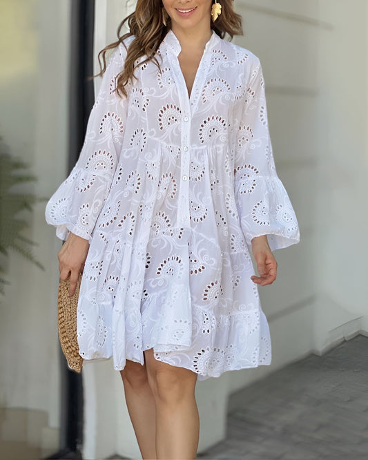 Women's Long Sleeve Broderie Anglaise White A-Line Shirt Dress