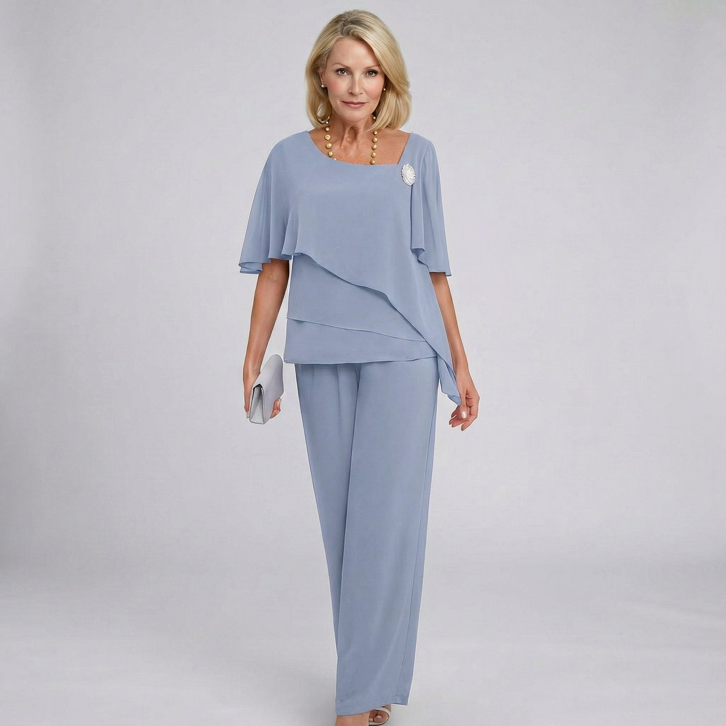 Two-Piece Chiffon Cape-Sleeve Top and Wide-Leg Trousers Set for Women