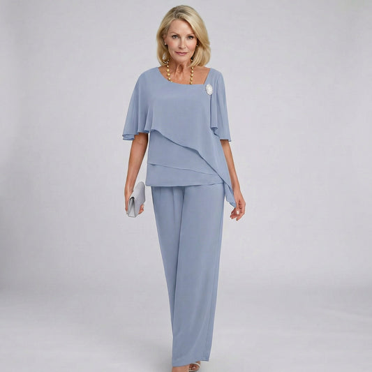Two-Piece Chiffon Cape-Sleeve Top and Wide-Leg Trousers Set for Women
