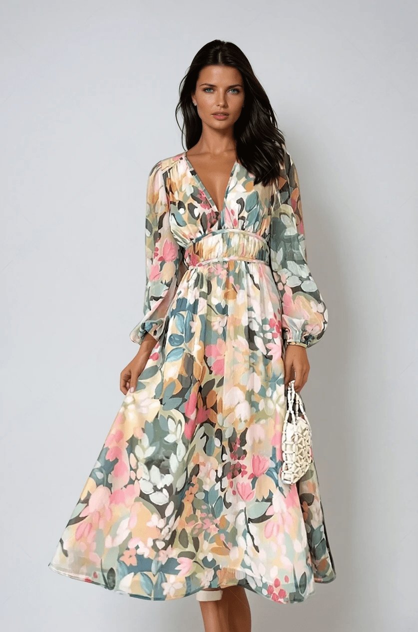 Floral Chiffon V-Neck Puff Sleeve Midi Dress for Women