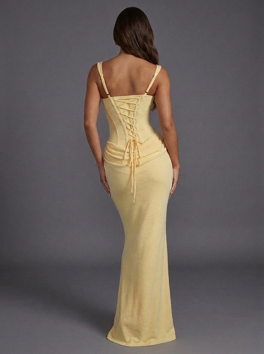 Women's Square Neck Draped Corset-Bodice Evening Maxi Dress