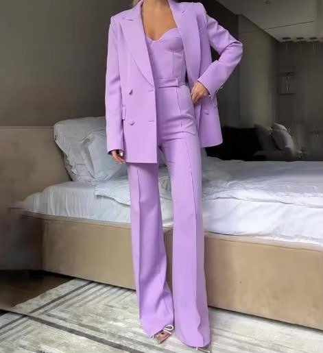 Three-Piece Blazer, Corset Top, and Wide-Leg Trousers Set for Women