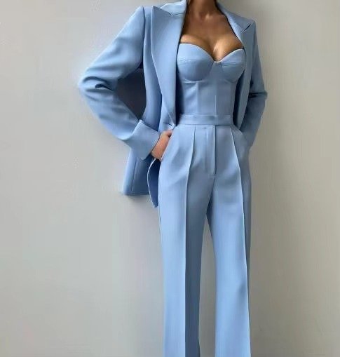Three-Piece Blazer, Corset Top, and Wide-Leg Trousers Set for Women