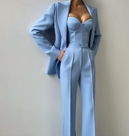 Three-Piece Blazer, Corset Top, and Wide-Leg Trousers Set for Women