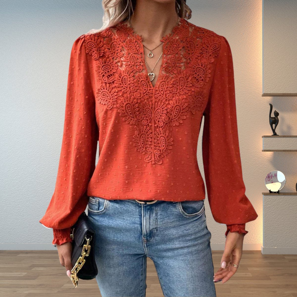 Women's Long-Sleeve Floral Lace V-Neck Blouse