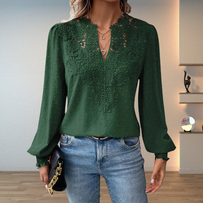 Women's Long-Sleeve Floral Lace V-Neck Blouse