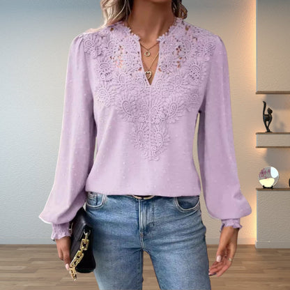 Women's Long-Sleeve Floral Lace V-Neck Blouse