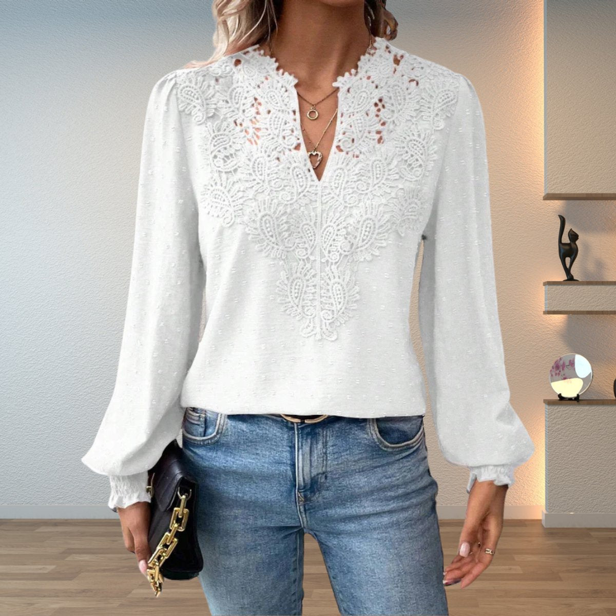 Women's Long-Sleeve Floral Lace V-Neck Blouse