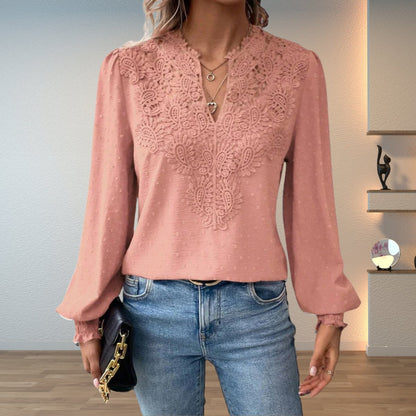Women's Long-Sleeve Floral Lace V-Neck Blouse