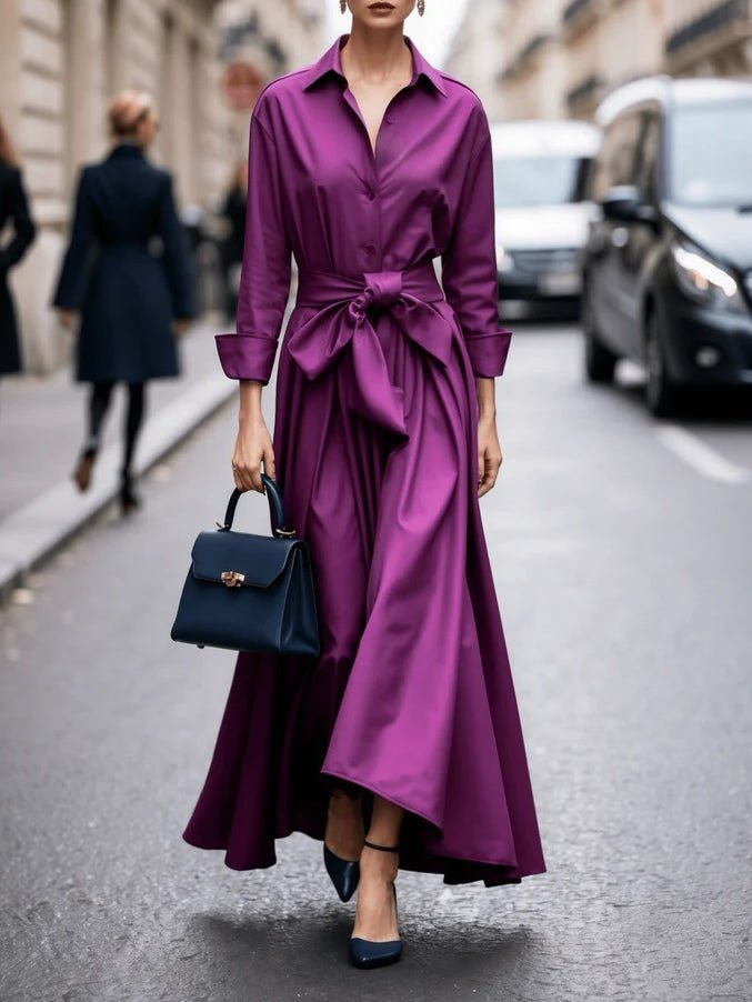 Women's Long-Sleeve Maxi Shirt Dress with Bow Belt
