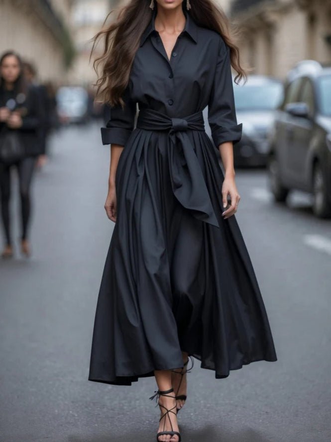Women's Long-Sleeve Maxi Shirt Dress with Bow Belt