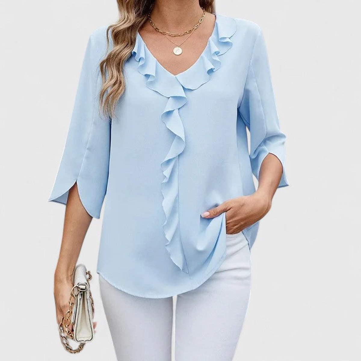 Women's 3/4 Sleeve Ruffle V-Neck Classic Blouse