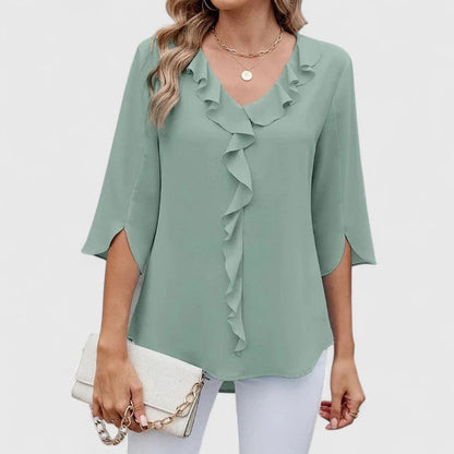 Women's 3/4 Sleeve Ruffle V-Neck Classic Blouse