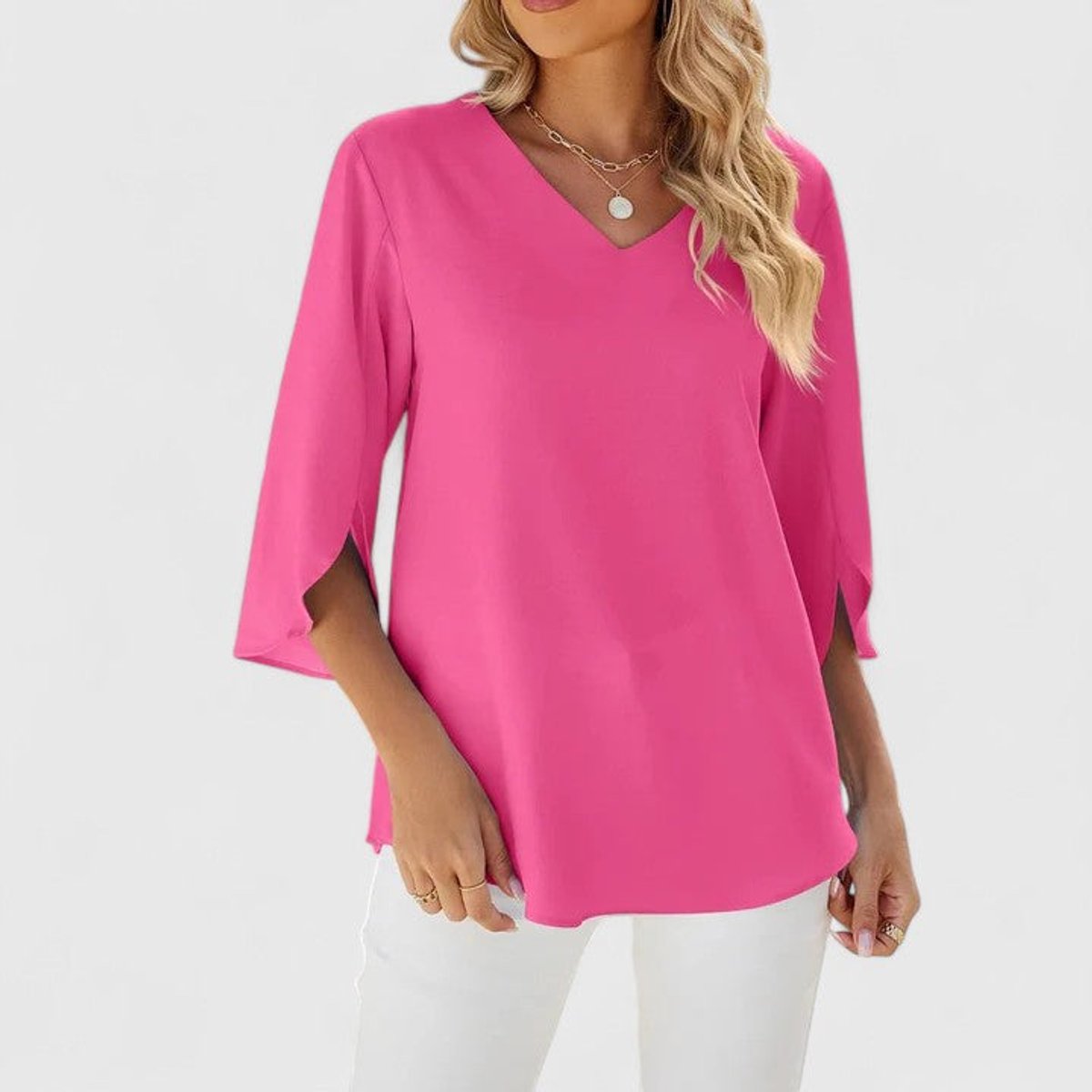 Women's 3/4 Sleeve Ruffle V-Neck Classic Blouse