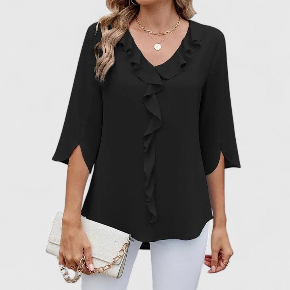 Women's 3/4 Sleeve Ruffle V-Neck Classic Blouse