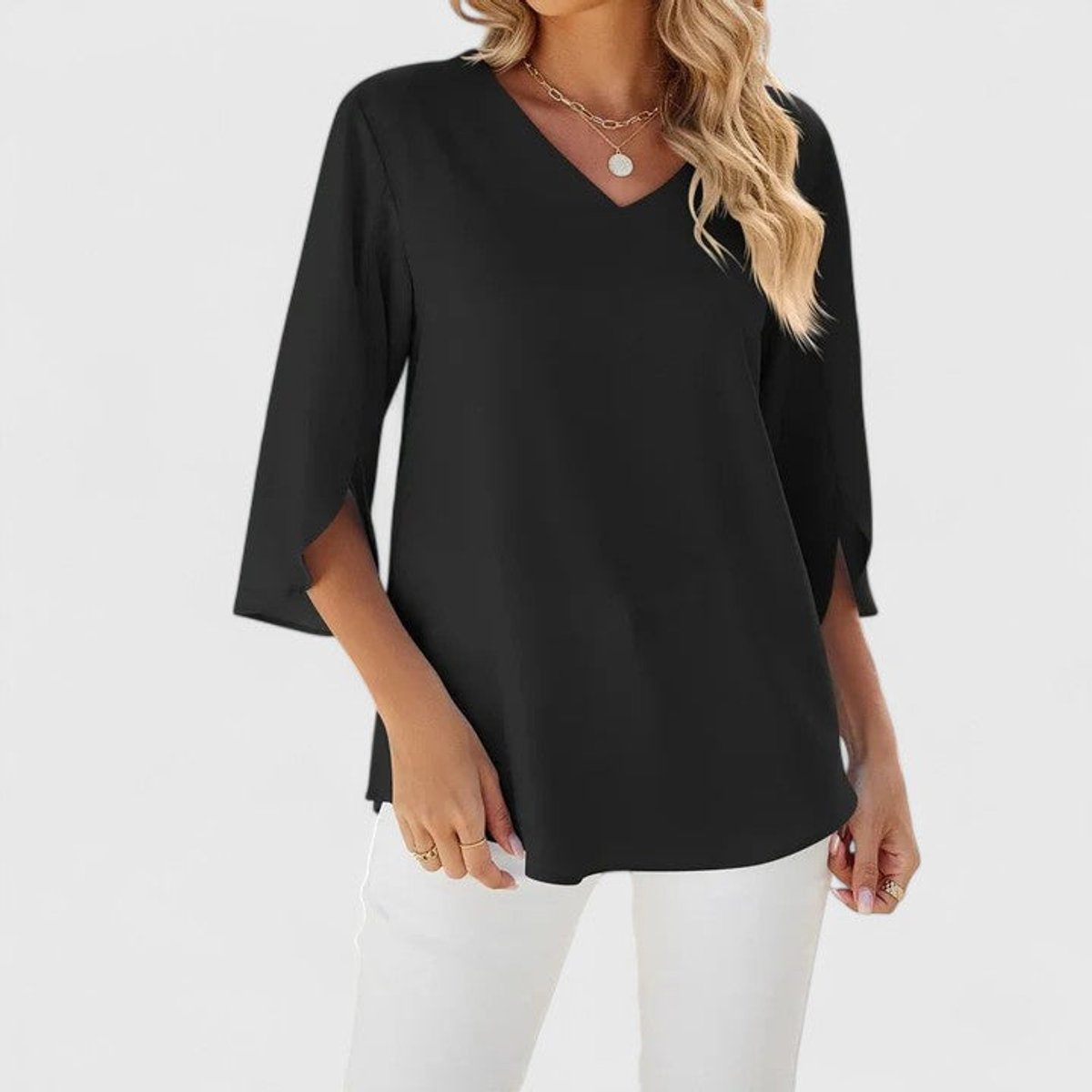 Women's 3/4 Sleeve Ruffle V-Neck Classic Blouse