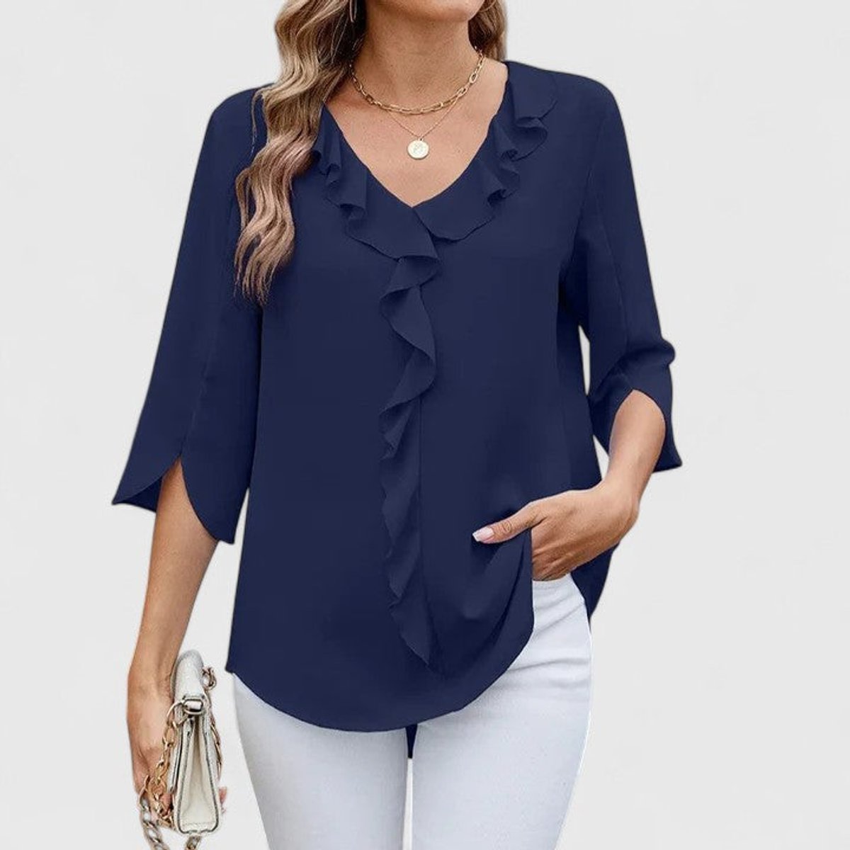 Women's 3/4 Sleeve Ruffle V-Neck Classic Blouse
