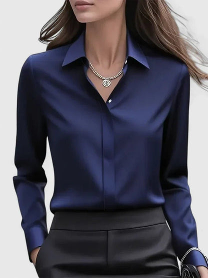 Women's Concealed Placket Long-Sleeve Satin Blouse