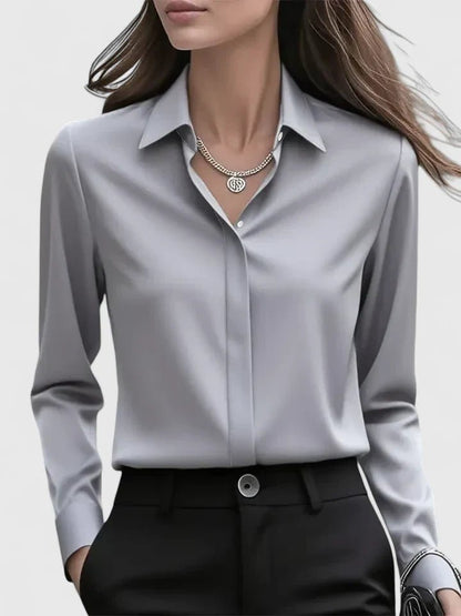 Women's Concealed Placket Long-Sleeve Satin Blouse